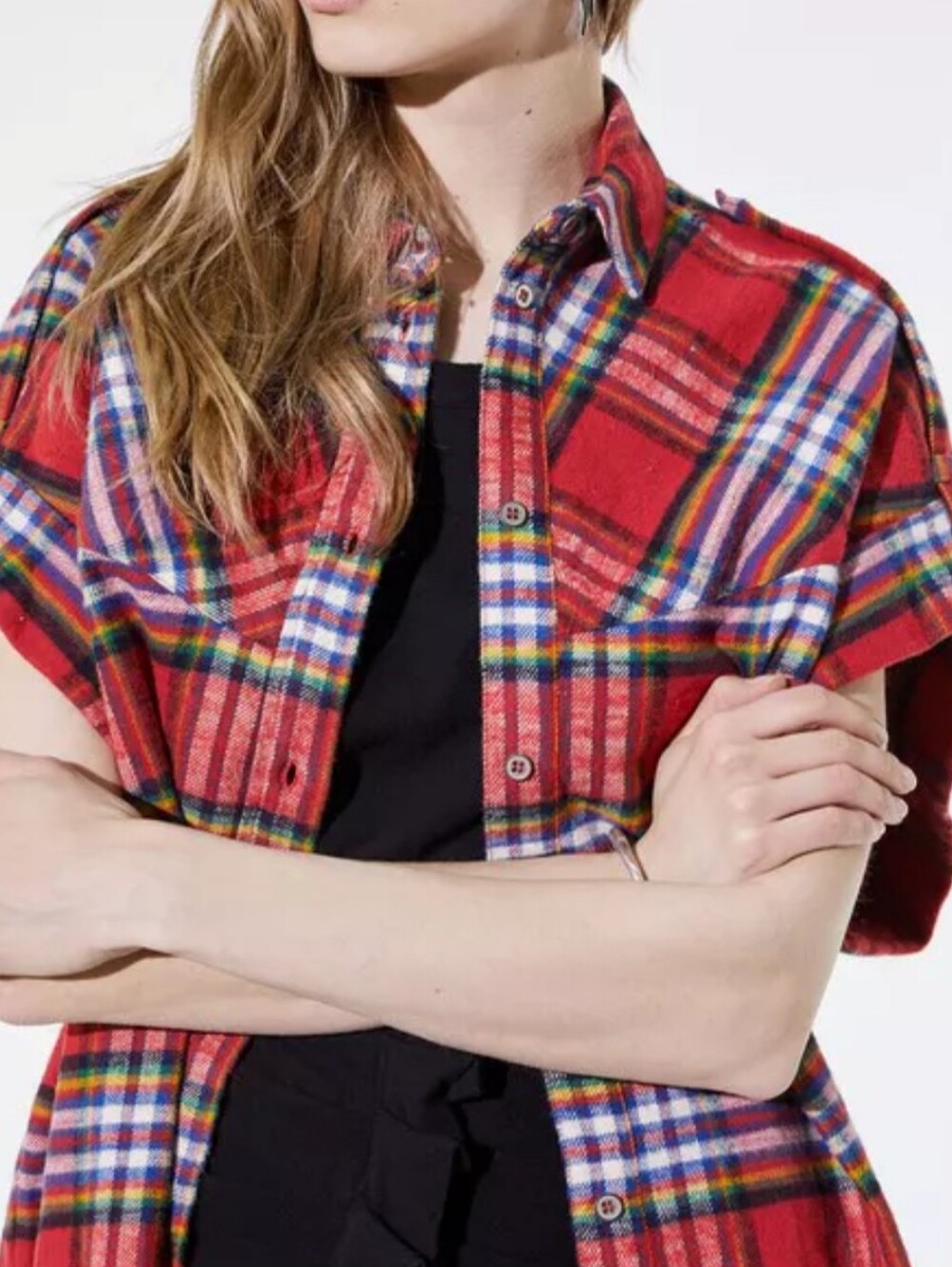 NWOT IRO Paris Red Plaid Button-Down Flannel Shirt with Multicolor Stripes